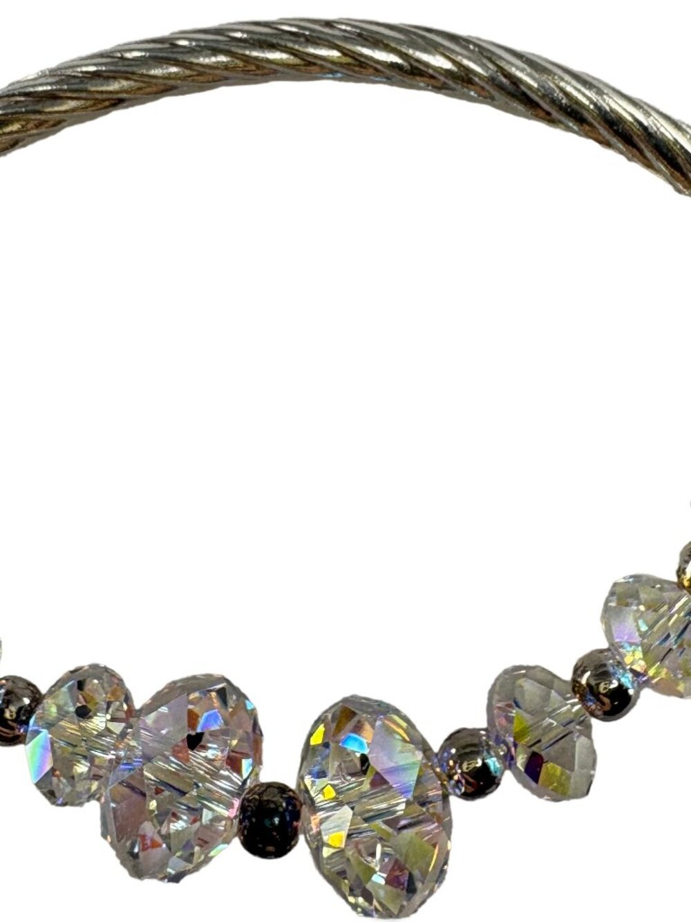 925 Sterling Silver Cable Bangle Bracelet Aurora Borealis Crystal Bead Cuff CZ
